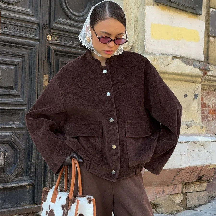 Brown Vintage Jacket Women 2025 Autumn Loose Coat Stand Collar Corduroy Jacket Single Breasted