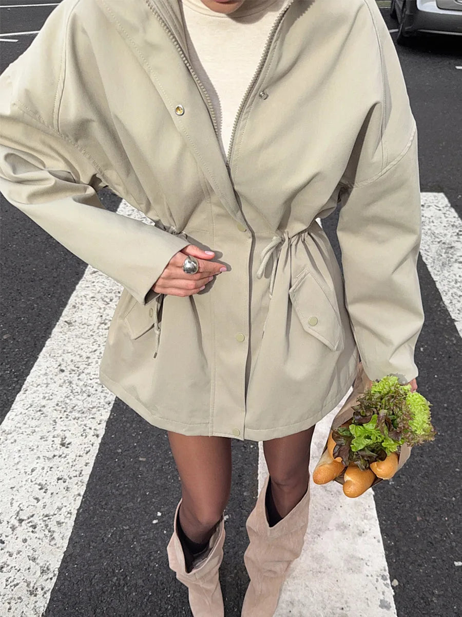 Midi-Windjacke Herbst 2025, Stehkragen-Trenchcoat, Baumwoll-Windjacke für Damen 