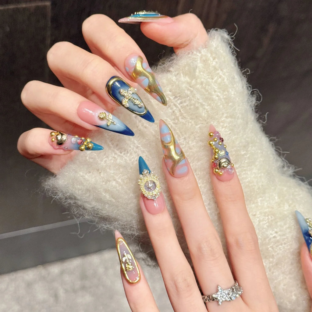High Quality Acrylic Artificial Pearl Nail Tips Vintage Long Stiletto Pink Blue Gold Luxury Handmade Press on Nails
