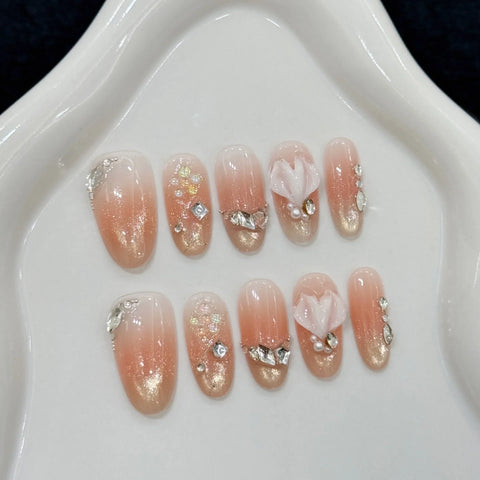 3D Press on Nails Fish Tail Beach Stranded Blush Cat Eye Spring and Summer Medium Length Fully Handcrafted Wearable Nails