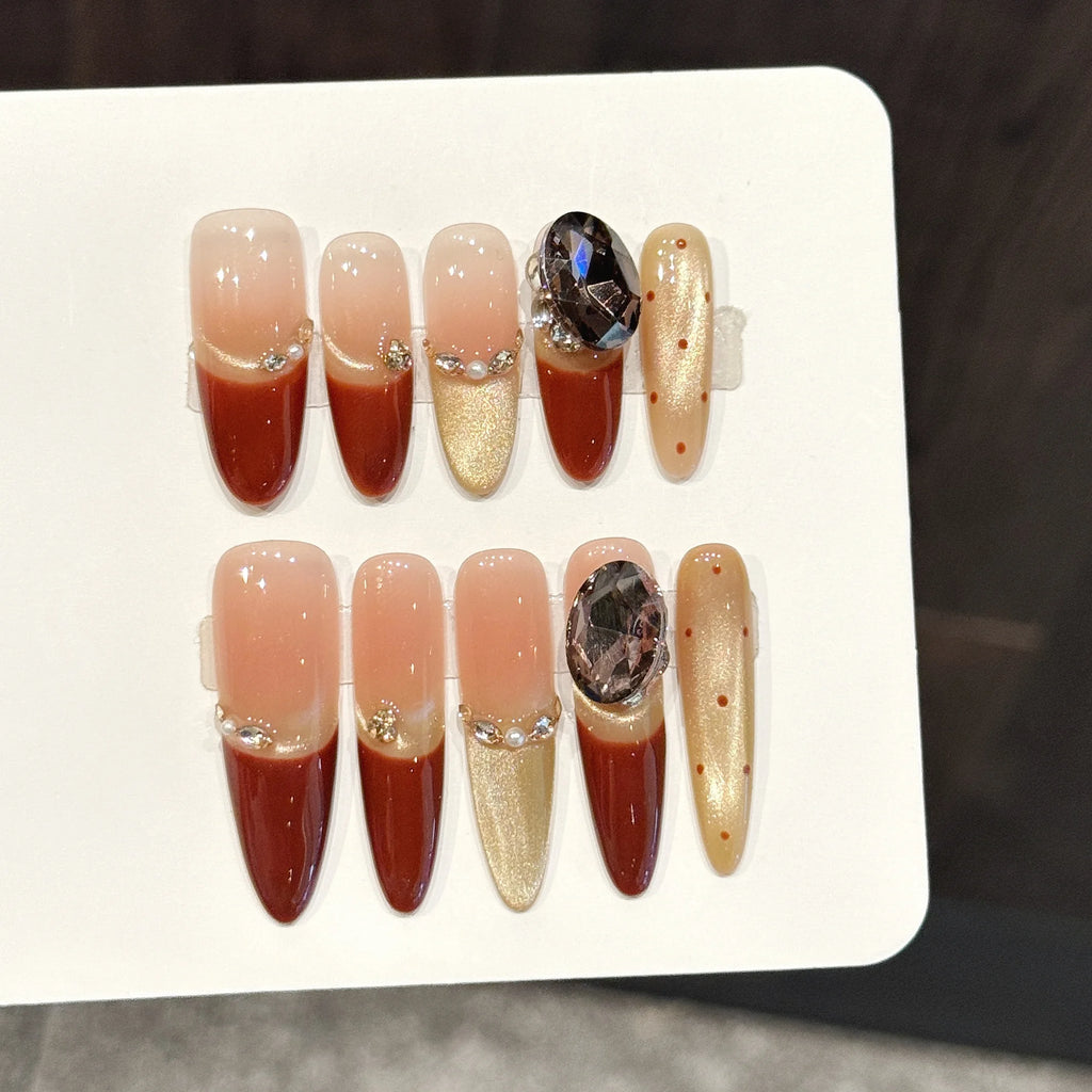 Press on Nails Handmade Red Gold Cat Eye French Nail Art Luxury Gems Nail Charms Nail Tips