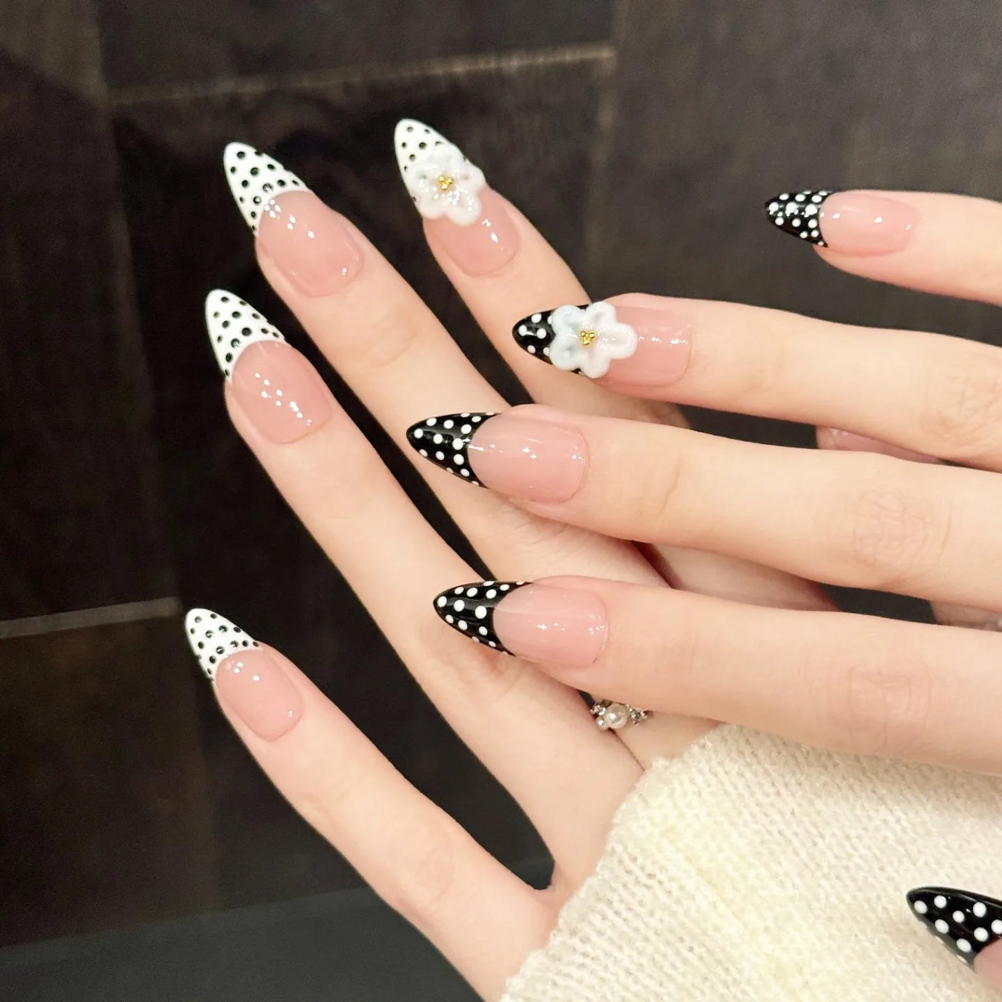 Handmade Press Ons 3D Flower High Quality White and Black Classic French Nail Art  Almond Artificial Nail Tips