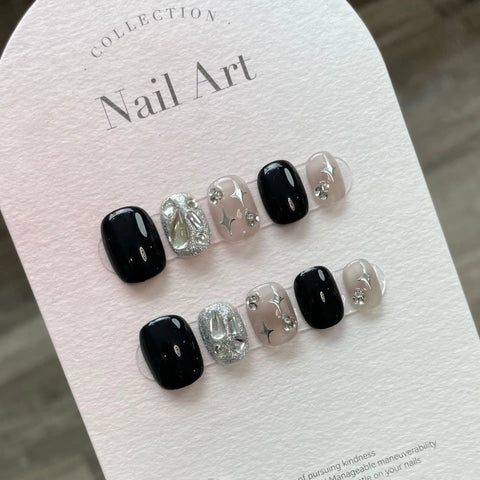Luxury Black Explosive Diamond Four-pointed Star Blooming Short Removable False Nails