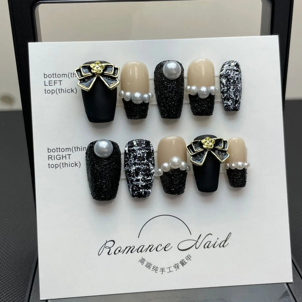 Coffin High Quality Gel Press on Nails Black with Rhinestones Design Full Cover Artificial Handmade Wear Nail