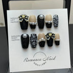 Coffin High Quality Gel Press on Nails Black with Rhinestones Design Full Cover Artificial Handmade Wear Nail