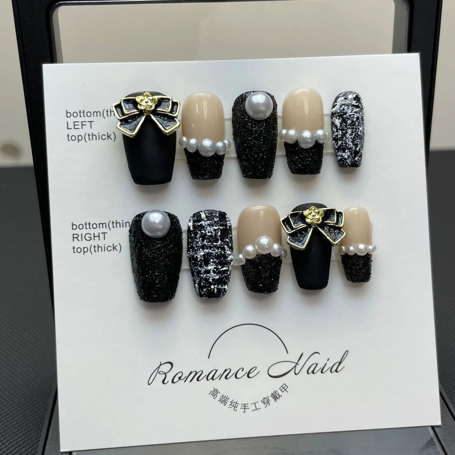 Coffin High Quality Gel Press on Nails Black with Rhinestones Design Full Cover Artificial Handmade Wear Nail