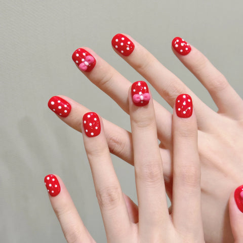 Premium Handmade Press on Nails Cute Cartoon Short Gel Nail for Girls 3D Artificial Fingernails Polk Dot Nail Art