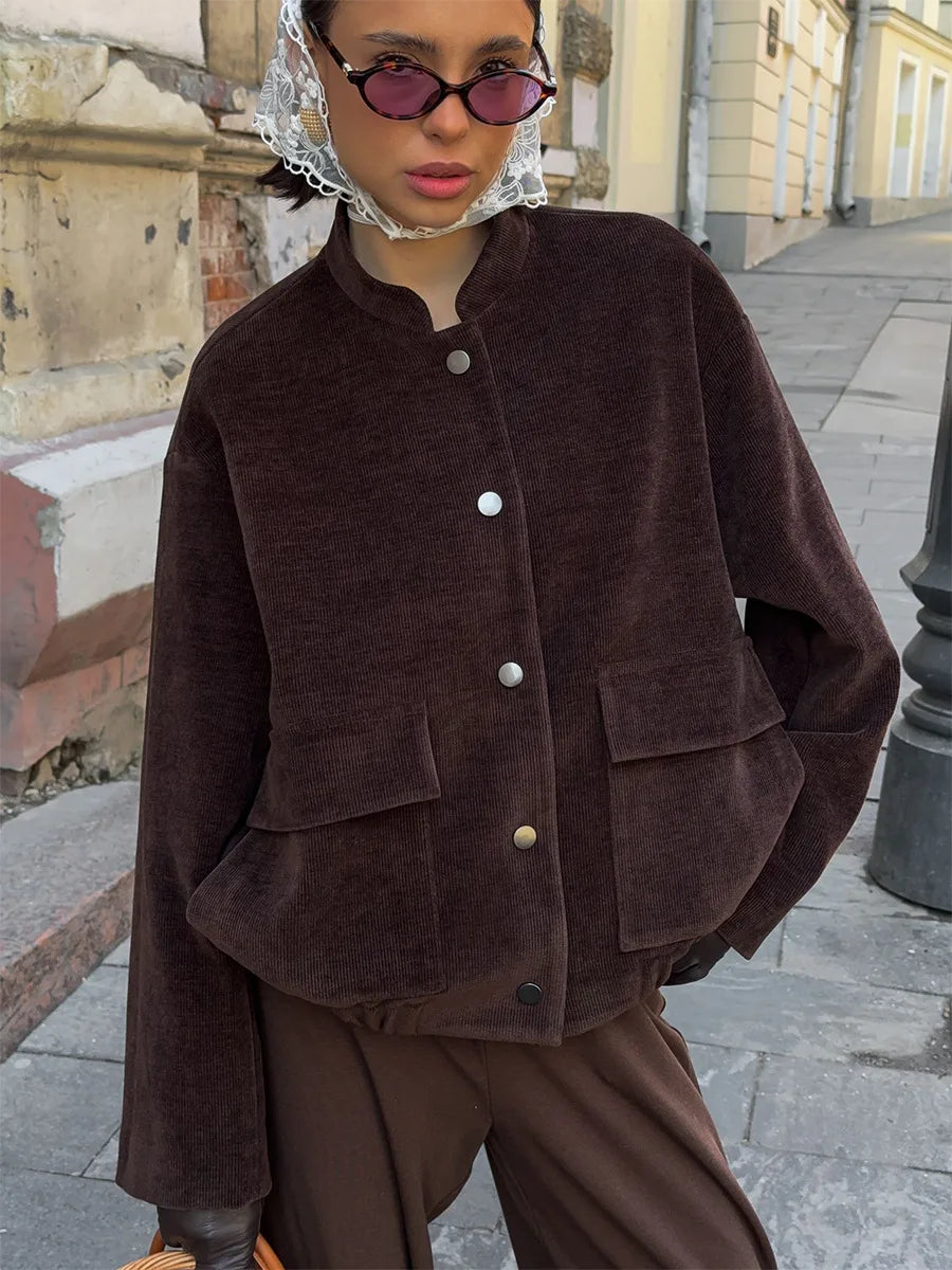 Brown Vintage Jacket Women 2025 Autumn Loose Coat Stand Collar Corduroy Jacket Single Breasted