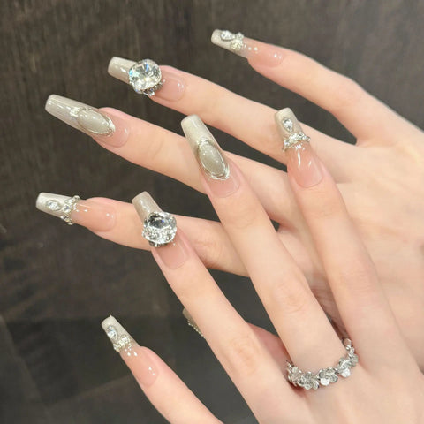French Cat-eye Luxury Stacked Diamond High-end Style Handcrafted Wear-on Nails