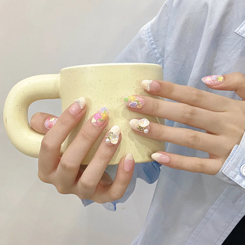 Sweet Hand-painted Small Florals  Glue Artificial Fingernail Shiny Diamond  Artificial False Press on  Nails