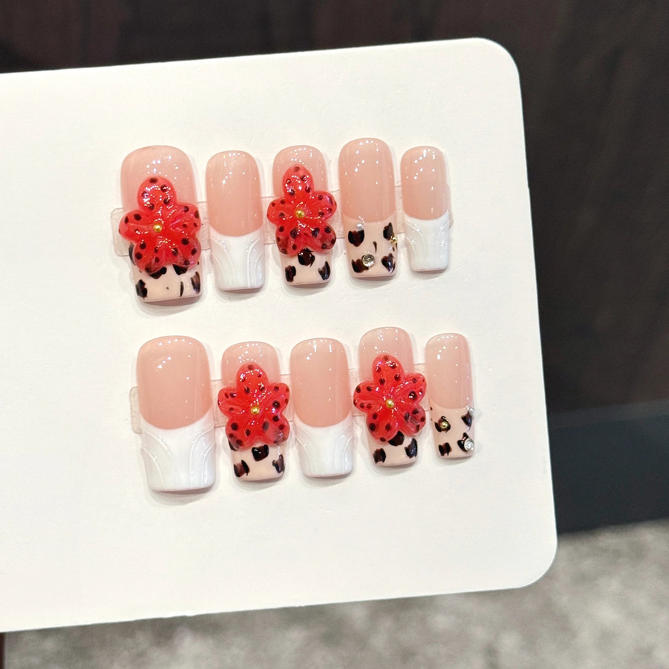 High Quality Hand Painting Leopard Press on Nails Handmade Thick Acrylic Red 3D Flower French White Fake Nail Tips