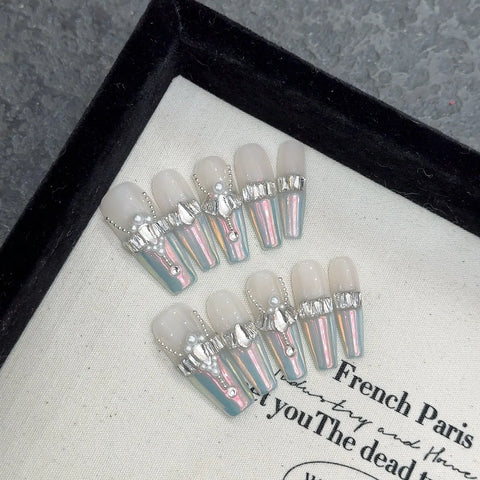 French Gel Detachable Hand Pressing Luxury Beautiful Glitter Luxury Customized French Gel Press on Nails