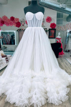 A-line Corset Strapless Tulle Prom Dress with Ruffles