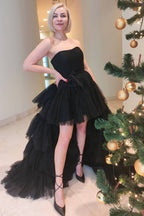 A-line High Low Strapless Tulle Prom Dress with Ruffles