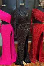 Langes, rotes Pailletten-Abendkleid mit einer Schulter und Schleier