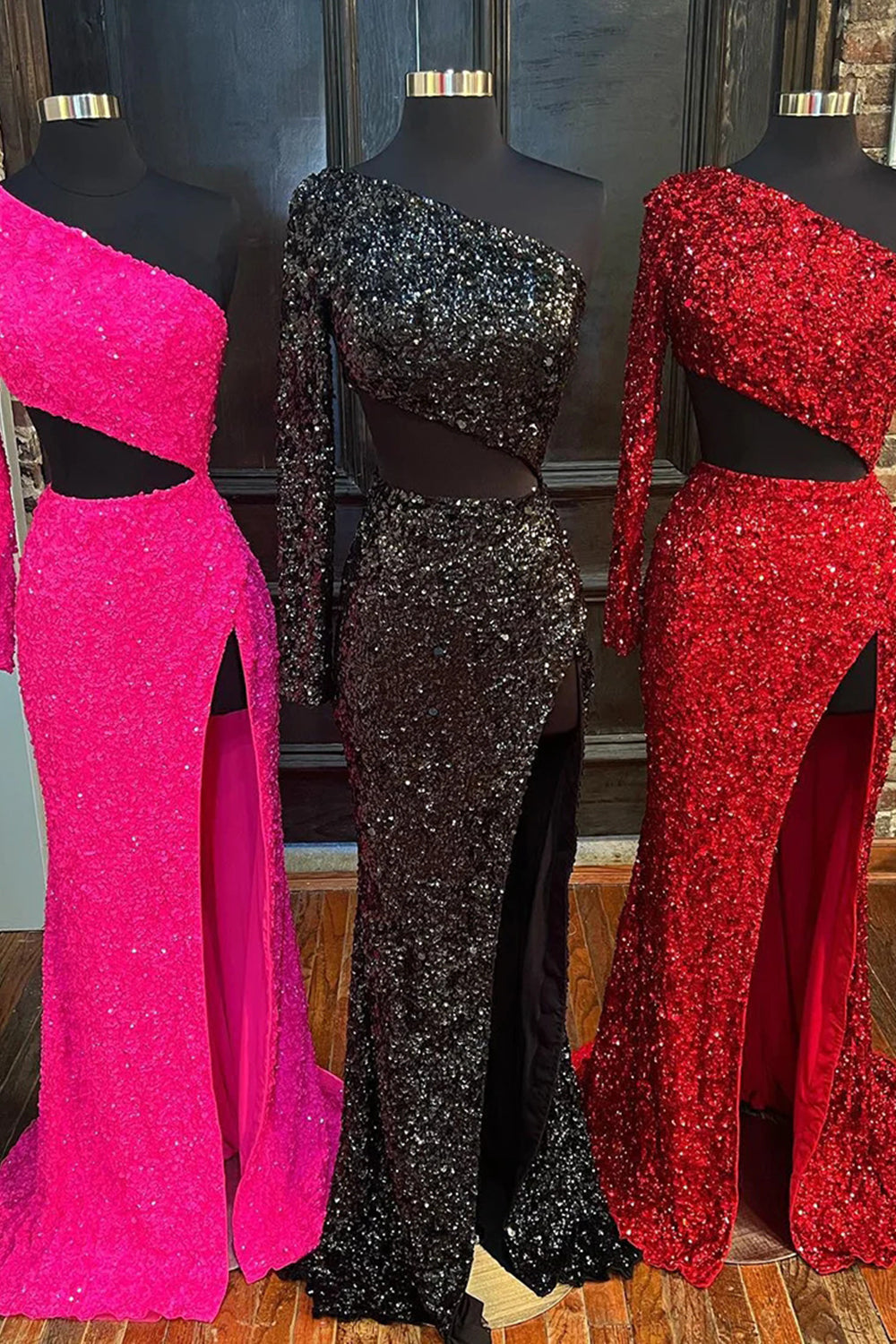 One Shoulder Red Sequins Long Prom Dress with Silt