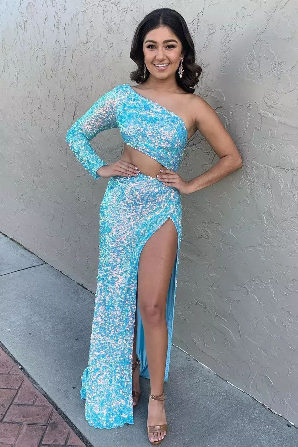 One Shoulder Red Sequins Long Prom Dress with Silt