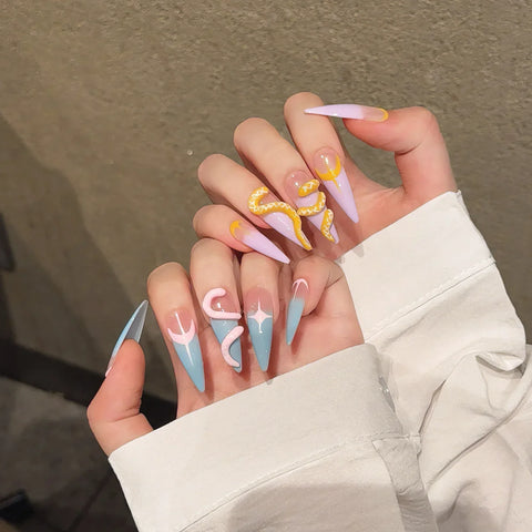 Blue pink Gradient Snake Is Purely Handmade Stick on Nails
