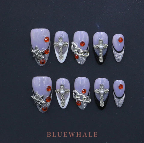 Purple French False Nails Short Almond Press on Nails 3D Diamonds Handmade Fake Nails
