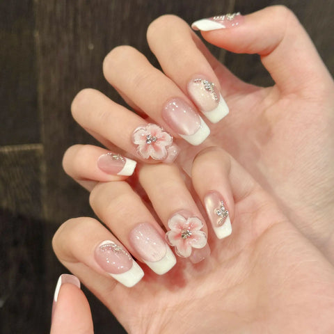 Handcrafted Manufacturer 3D Floral Cat-eye French Manicure That Highlights Fair Skin