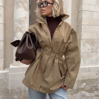 Midi-Windjacke Herbst 2025, Stehkragen-Trenchcoat, Baumwoll-Windjacke für Damen 