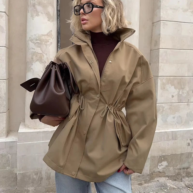 Midi-Windjacke Herbst 2025, Stehkragen-Trenchcoat, Baumwoll-Windjacke für Damen 