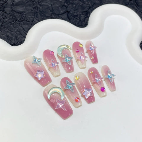 New handmade medium-length mocha starry sky nail stickers purple blush acrylic nails