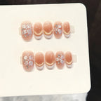High Quality Short Oval Shape Elegant French White Tips Cat Eye 3D Pearls Flower Nail Art Handmade Press on Nails