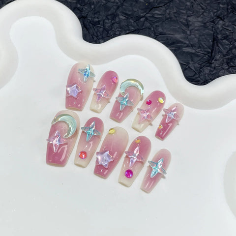 New handmade medium-length mocha starry sky nail stickers purple blush acrylic nails