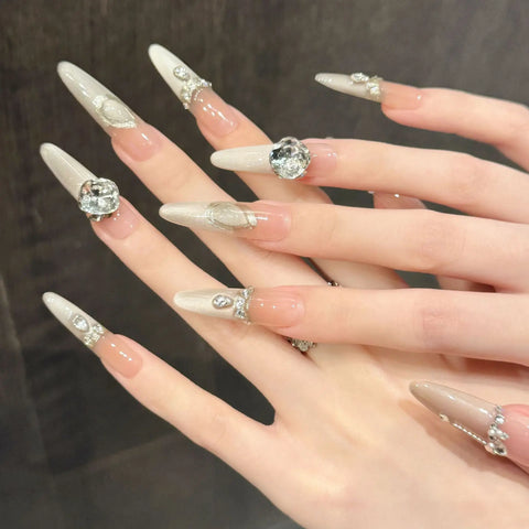 French Cat-eye Luxury Stacked Diamond High-end Style Handcrafted Wear-on Nails
