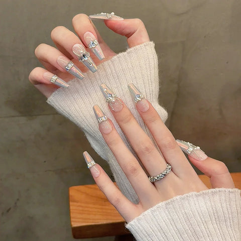 French Gel Detachable Hand Pressing Luxury Beautiful Glitter Luxury Customized French Gel Press on Nails
