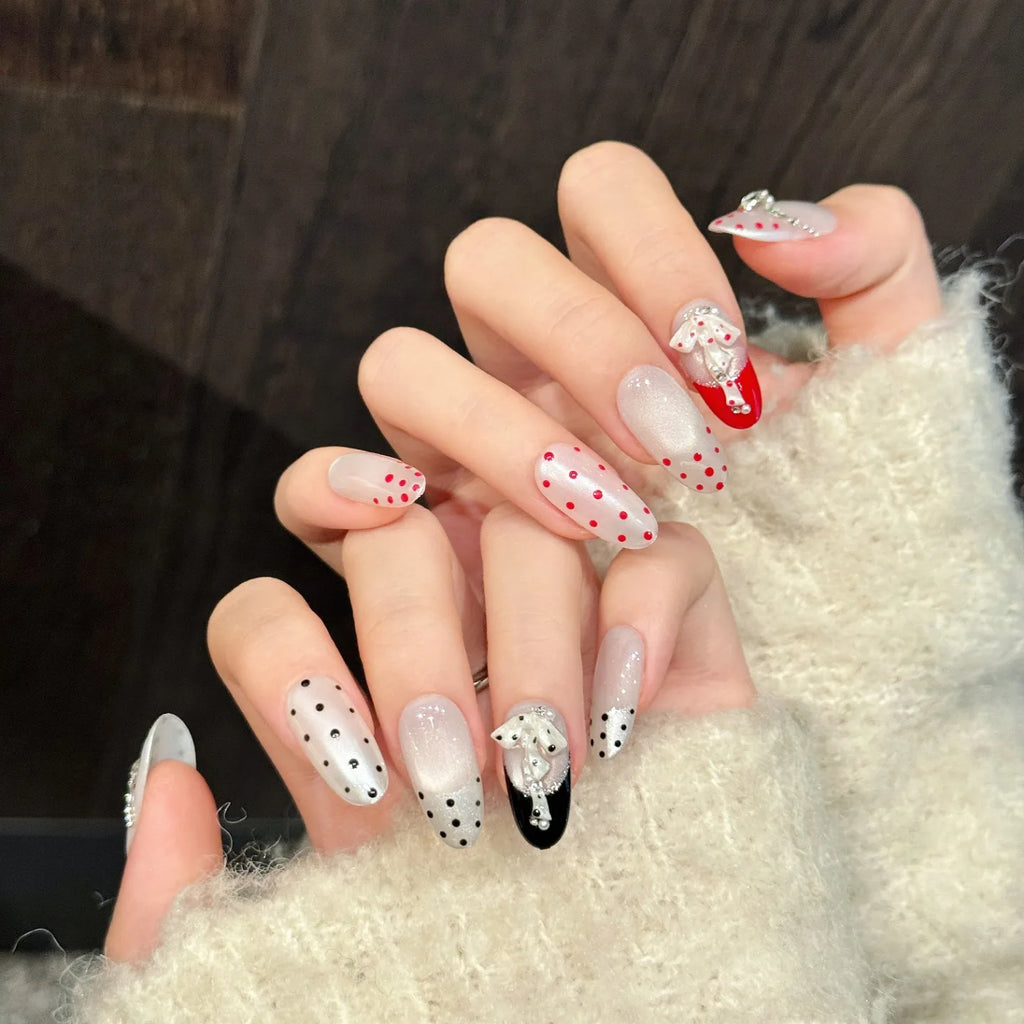 Luxury Gems Artificial Nail Tips Reusable French Polka Dot 3D Bows Gel Nail Art Cat Eye Handmade Press on Nails