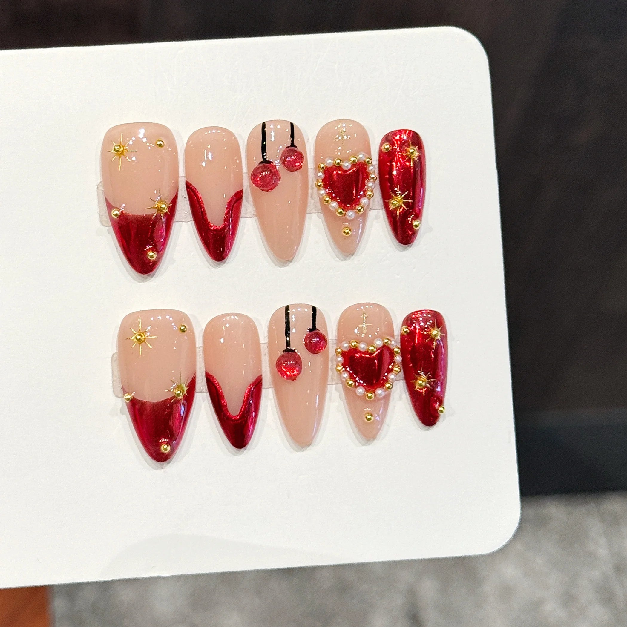 Luxury High Quality Manicure Reusable Full Cover Artificial Red French Nail Tips Almond Press on Nails Handmade