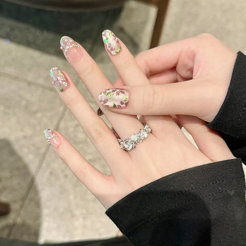 High Quality Handmade  Press on Nails Luxury 3D Hand-painting Flower Acrylic Thick Artificial Nails Set