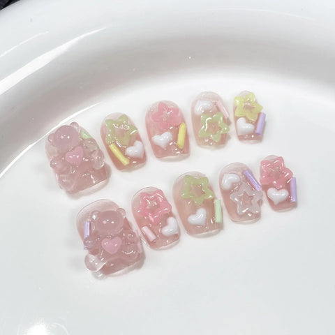 Sweet and Cute Little Bear Handmade Nail Art Stickers Ice Transparent Short Wearable Nail Wearable Nail