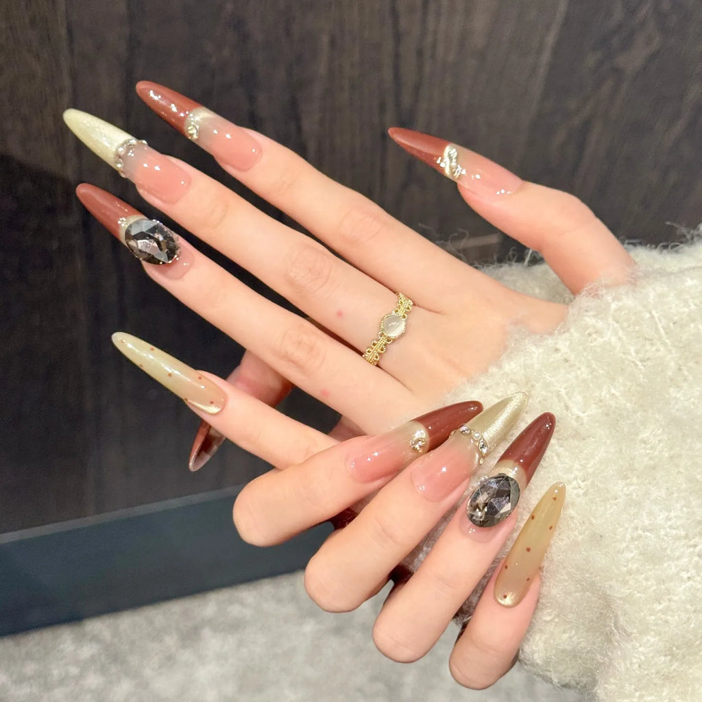 Press on Nails Handmade Red Gold Cat Eye French Nail Art Luxury Gems Nail Charms Nail Tips