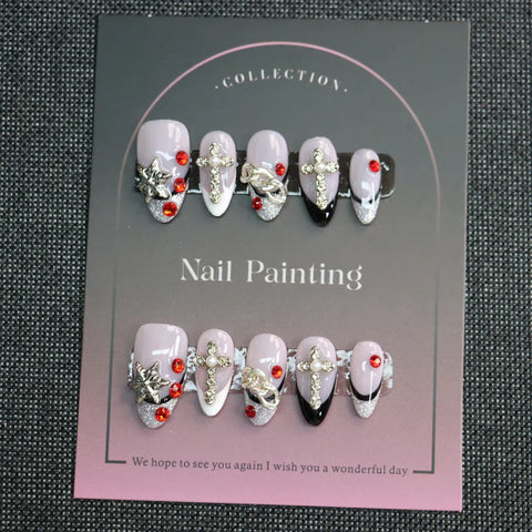 Purple French False Nails Short Almond Press on Nails 3D Diamonds Handmade Fake Nails