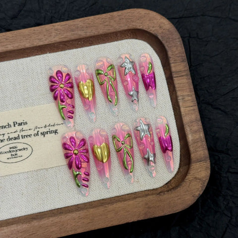 Island Vacation Style Spicy Girl Painted Magic Mirror pink Floral Handcrafted Wearable Nails