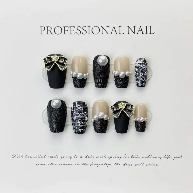 Coffin High Quality Gel Press on Nails Black with Rhinestones Design Full Cover Artificial Handmade Wear Nail