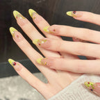 Spring Summer Medium Oval Nails Handmade Cute Ladybug Nail Art Yellow Flower French Artificial Press on False Nails