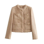 Elegant Women Camel Tweed Jacket 2025 Autumn Long Sleeve Button Frayed Cropped Jacket Female Fashion O-neck Pocket Short Coats