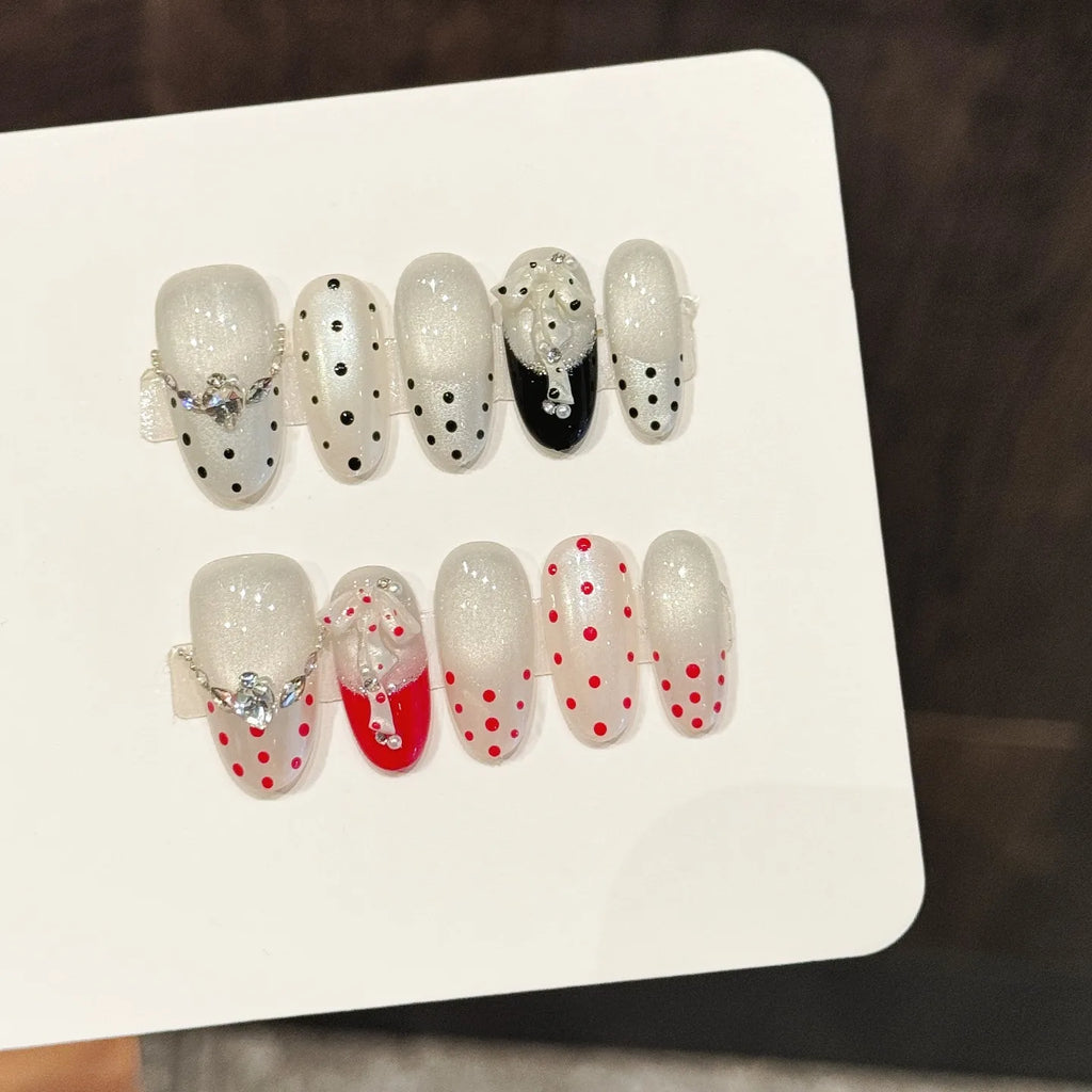 Luxury Gems Artificial Nail Tips Reusable French Polka Dot 3D Bows Gel Nail Art Cat Eye Handmade Press on Nails