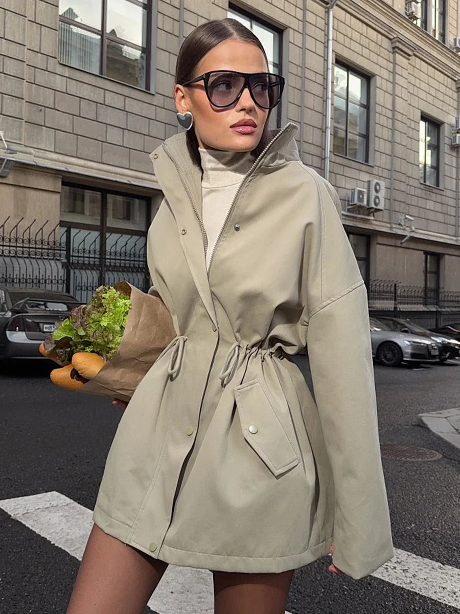 Midi-Windjacke Herbst 2025, Stehkragen-Trenchcoat, Baumwoll-Windjacke für Damen 