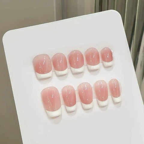 New False Nails Classic French Cream Powder French Simple Nude Short Pure Handmade Nails