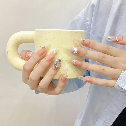 High Quality French Reusable Glue Glitter Luxury Millennial Hot Girl Sweet Cool Style Handmade Stick-on Nails