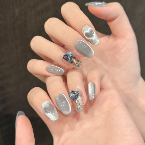 Wholesale Custom Blue Cat Eye Glitter Nails Luxury 10pcs Press on Nail Handmade Rhinestones Nail Charms