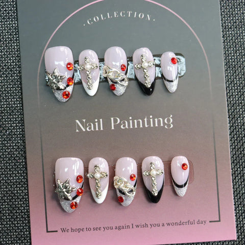 Purple French False Nails Short Almond Press on Nails 3D Diamonds Handmade Fake Nails