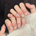 High Quality Short Oval Shape Elegant French White Tips Cat Eye 3D Pearls Flower Nail Art Handmade Press on Nails