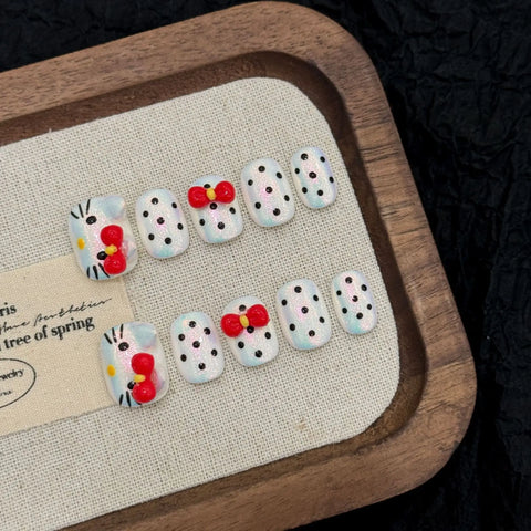 Hot Sale 3D Hand-molded Cute Polka Dot Bow Short Manual Wearable Nails