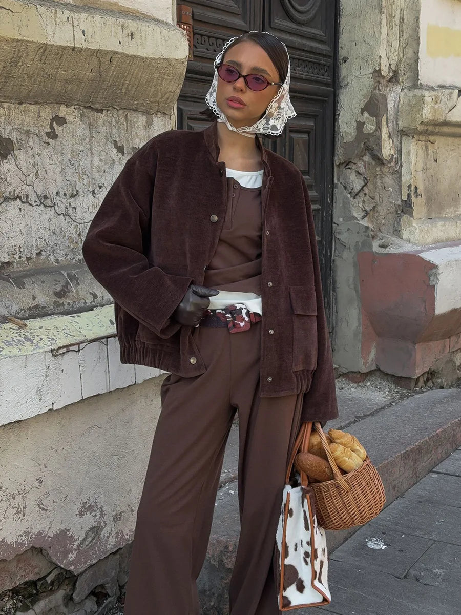 Brown Vintage Jacket Women 2025 Autumn Loose Coat Stand Collar Corduroy Jacket Single Breasted